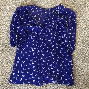 Blue Sheer Blouse with White Birds. Size S